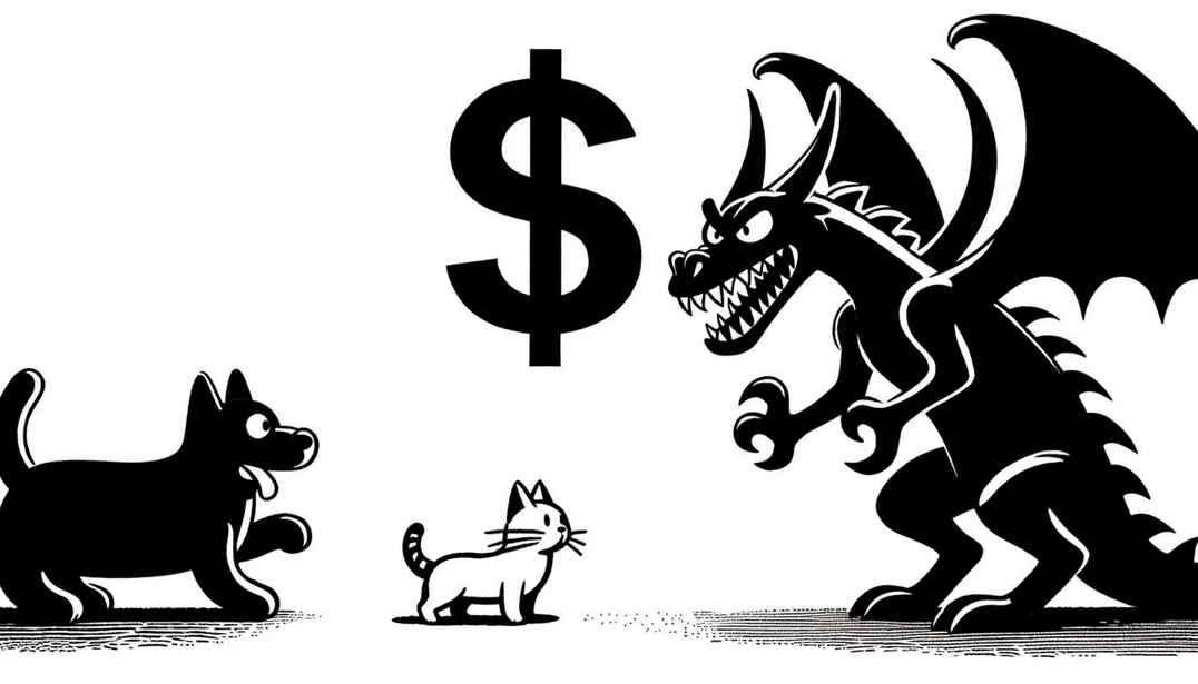 Black and white image featuring a cat, dog, and dragon, each symbolizing different costs: fines (cat), time and stress (dog), and increased insurance (dragon), emphasized by a dollar sign overhead.